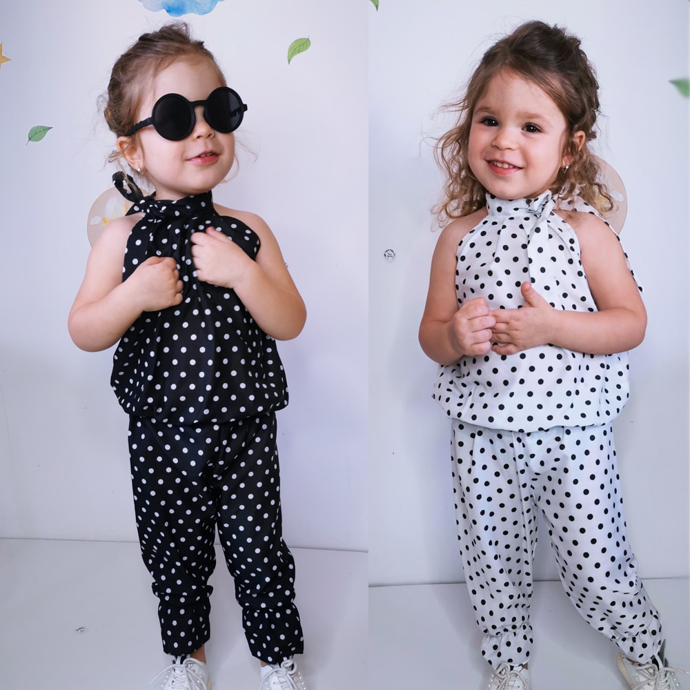 Summer Thin Girls Chiffon Suit 2 Piece Set Children Sleeveless Clothes Baby Girls Vest + Trousers Casual Outfits Wave Point Top Summer Thin Girls Chiffon Suit 2 Piece Set Children Sleeveless Clothes Baby Girls Vest + Trousers Casual Outfits Wave Point Top