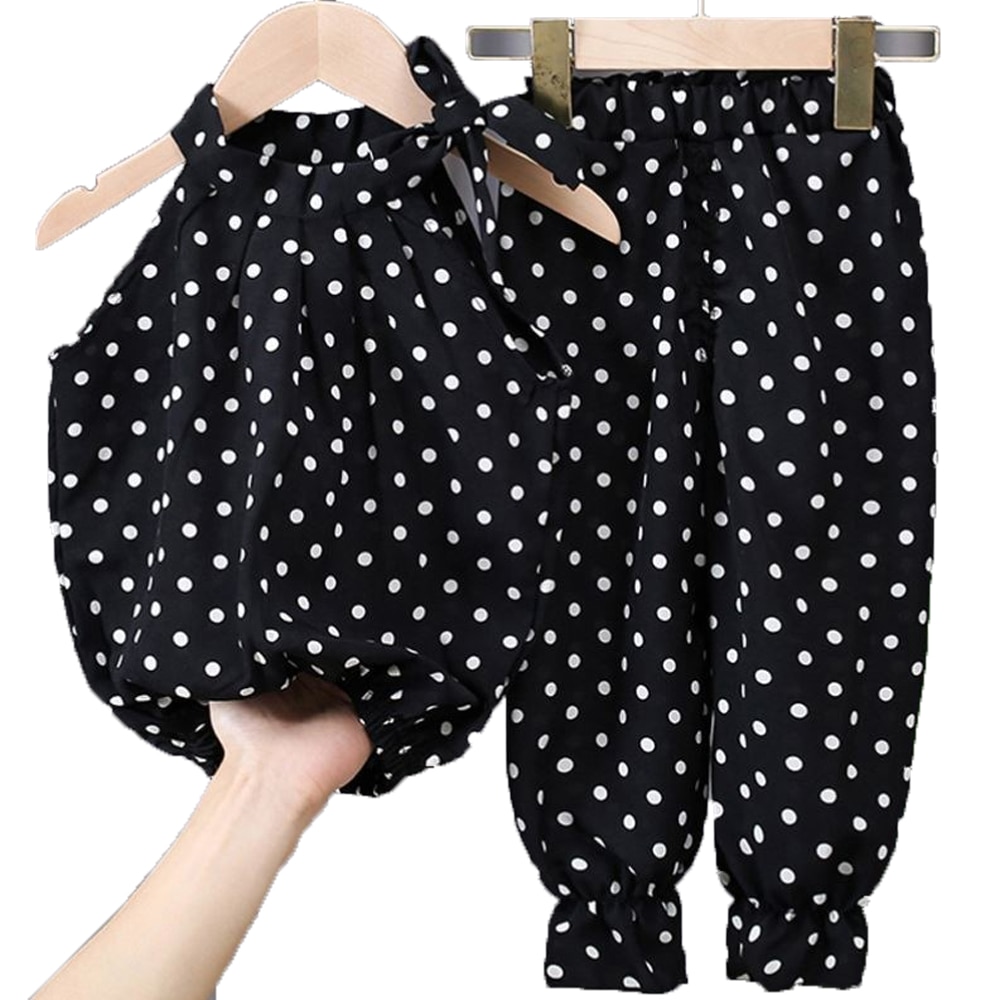 Summer Thin Girls Chiffon Suit 2 Piece Set Children Sleeveless Clothes Baby Girls Vest + Trousers Casual Outfits Wave Point Top Summer Thin Girls Chiffon Suit 2 Piece Set Children Sleeveless Clothes Baby Girls Vest + Trousers Casual Outfits Wave Point Top