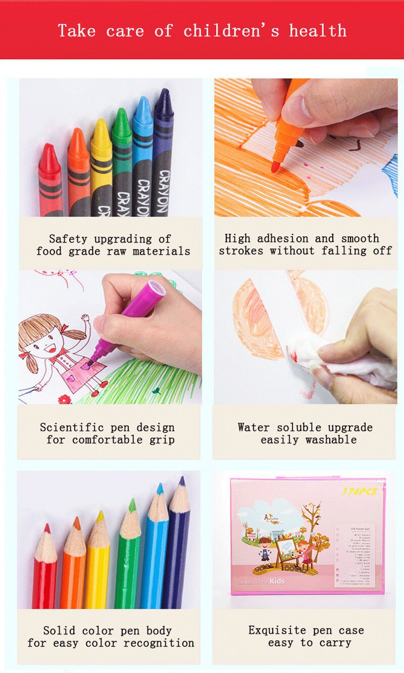 42-208PCS Children Art Painting Set Watercolor Pencil Crayon Water Pen Drawing Board Doodle Supplies Kids Educational Toys Gift